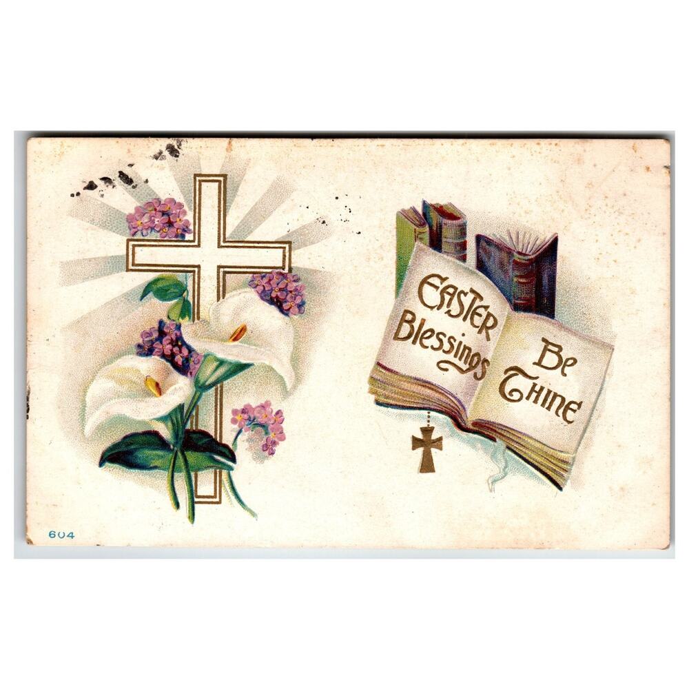 Vintage Embossed Easter Cross Calla Lilies Bible Postcard St. Marys PA 1910s